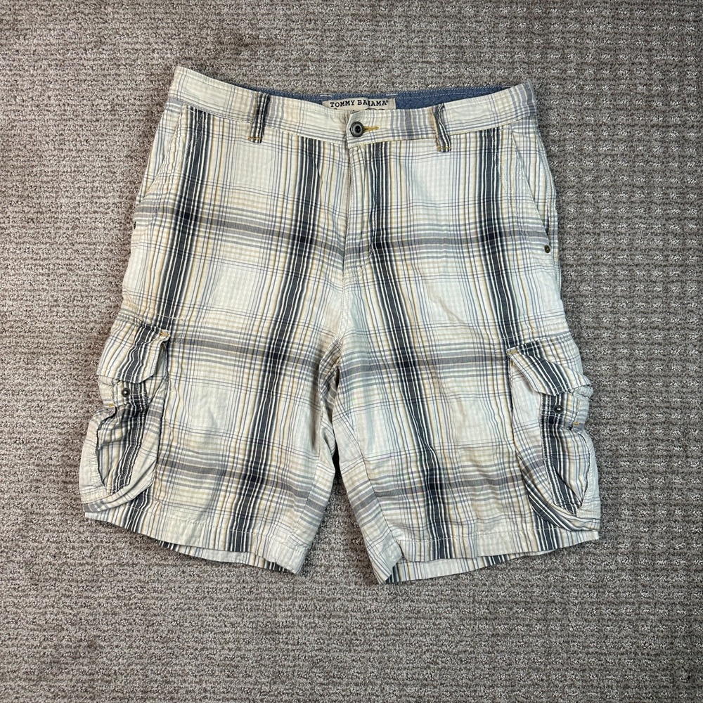 Tommy Bahama Mens Plaid Cargo Shorts Size 34 Cream Grey Yellow Cotton Casual
